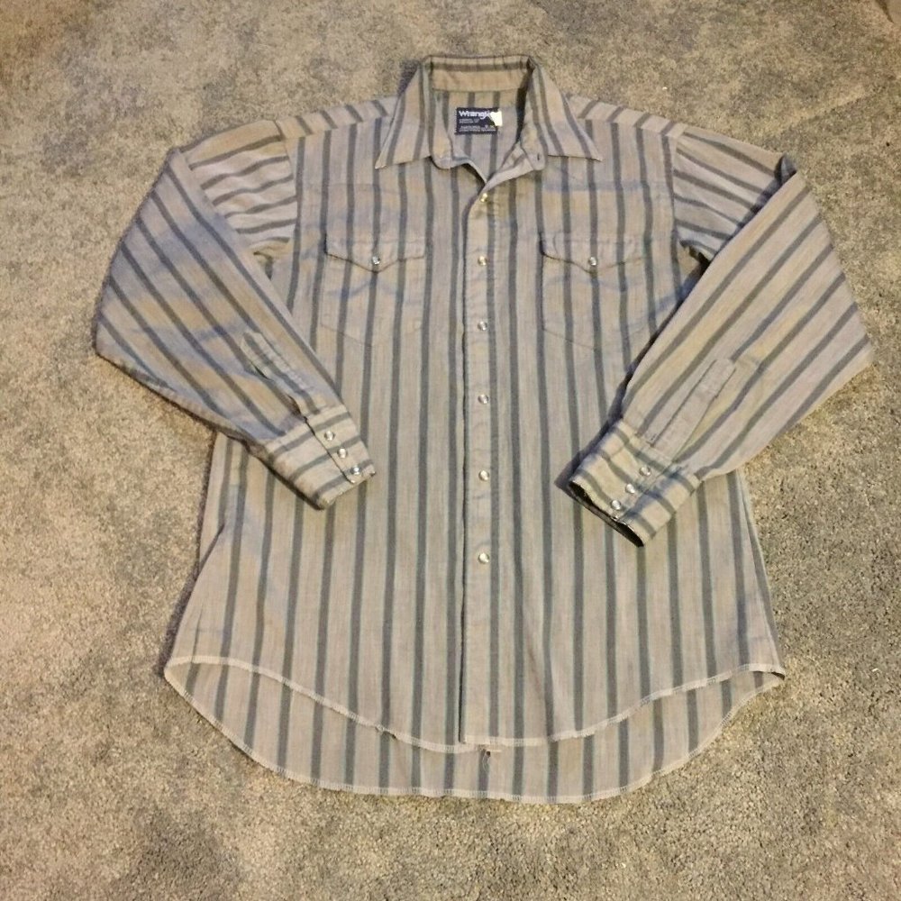 Wrangler Button Up Shirt Adult Size Large Gray Blue Striped Pearl Snap Western